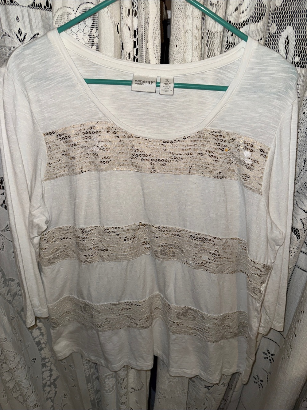 Chicos White Scoop Neck Long-Sleeve Top with Gold Sequin Stripes - Picture 3 of 6